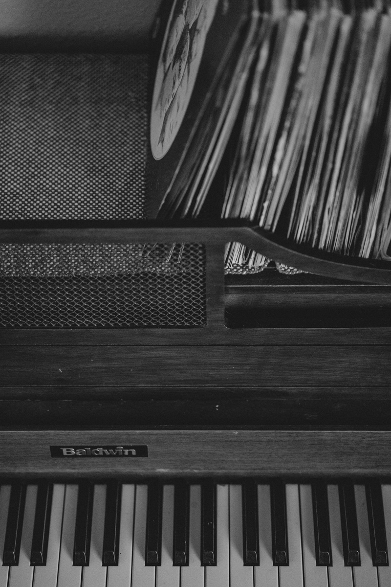 electronics, grayscale, computer hardware, piano key, photography, high angle view, in a row, leisure activities, piano, silhouette, musical equipment