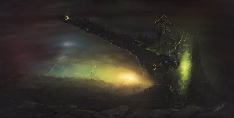 spaceship, 2K, dark, Dmitrii Ustinov, science fiction, artwork