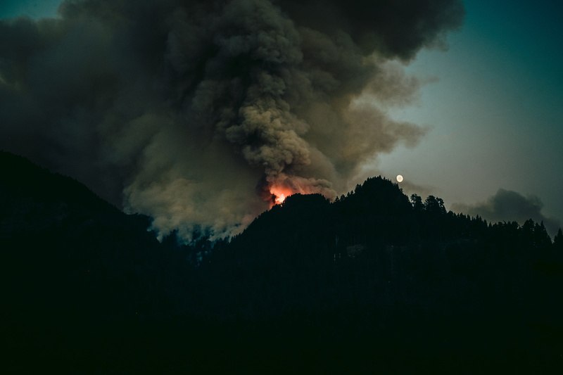silhouette, flame, sign, power in nature, land, communication, pollution, daytime, sky, nature, eagle creek fire, forest fire, fire, dark, cloud - sky