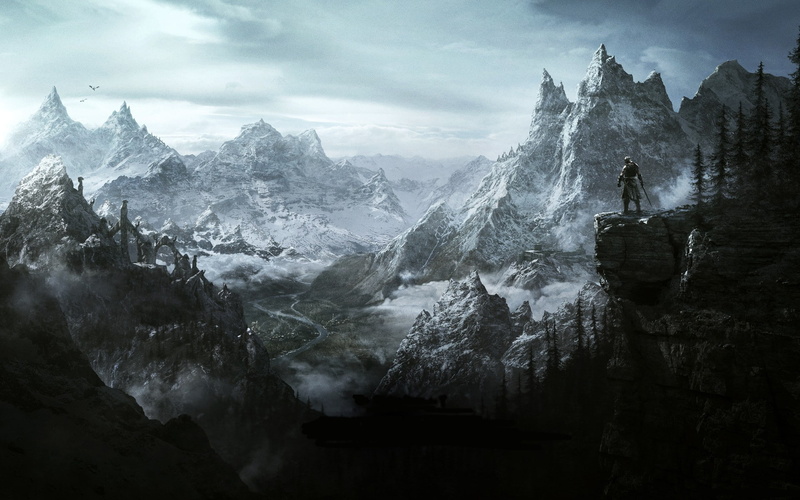 games, scrolls, snow, art, forest, nature, trees, hd, mountains, scenic, winter, elder, forests, video, v, landscapes, Video Games, 1080P, skyrim