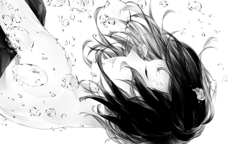 black hair, bubbles, 720P, underwater, monochrome