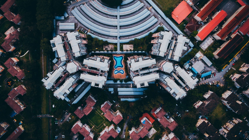 house, roof, cityscape, day, street, aerial, nature, residential district, high angle view, building exterior, rise, high, buildings, drone, structure