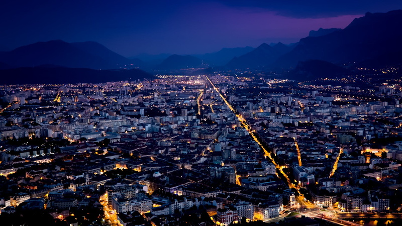 dusk, cityscape, nature, illuminated, Grenoble, crowded, digital, high angle view, 1080P, skyscraper, sky, mountain range, building exterior