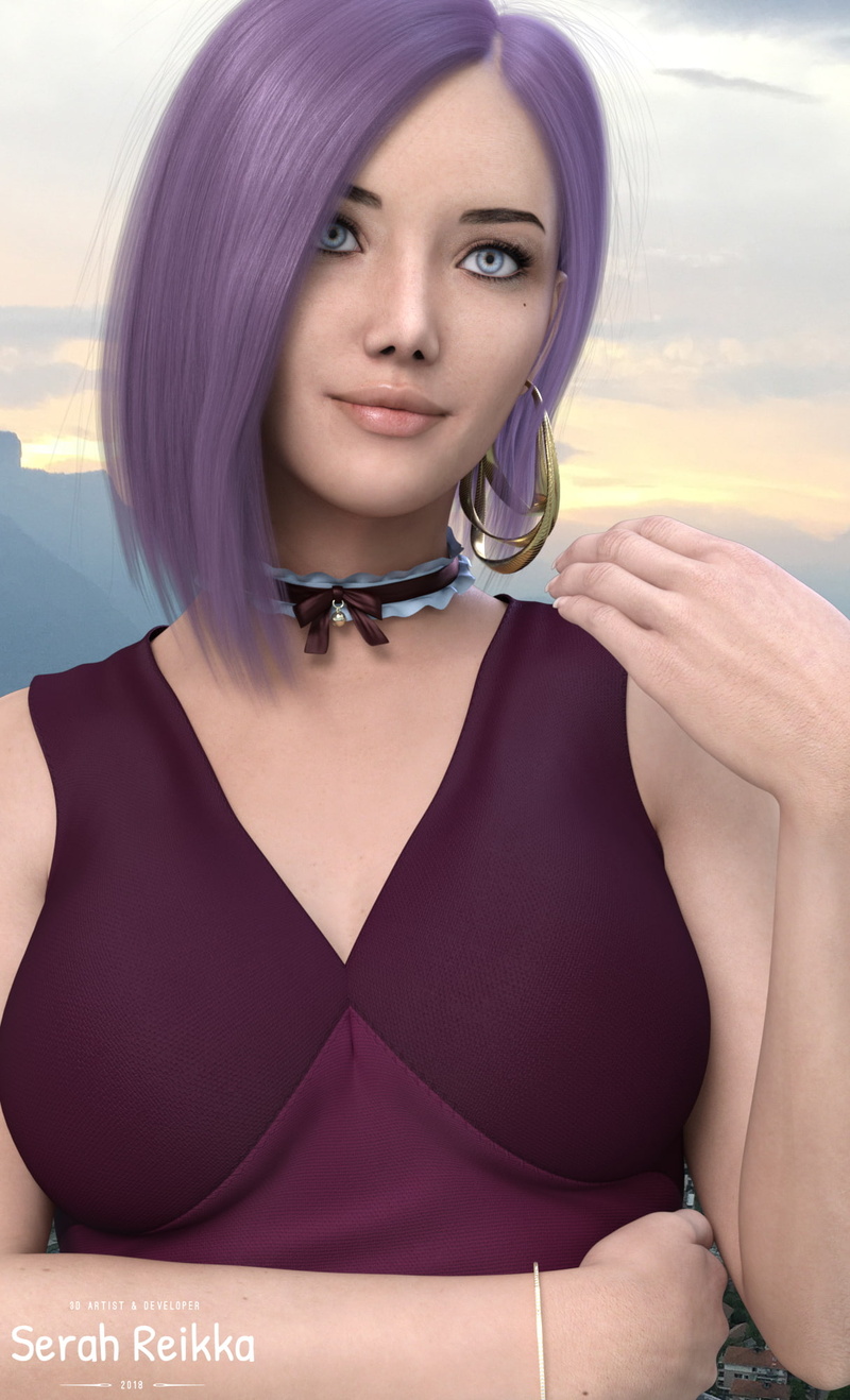 render, CGI, fashion, pink hair, women, Grenoble, red dress, 1080P, blue eyes, collar, rendering, digital art, dress, model, clothes