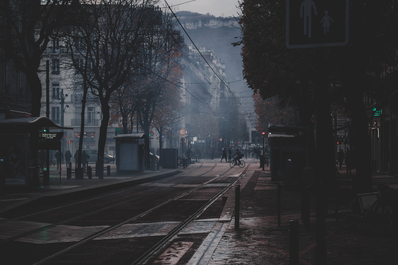 rail transportation, person, weather, grenoble, street, tree, city, town, rail, crossing, direction, smoke, 5K, no people, france, fog, building exterior