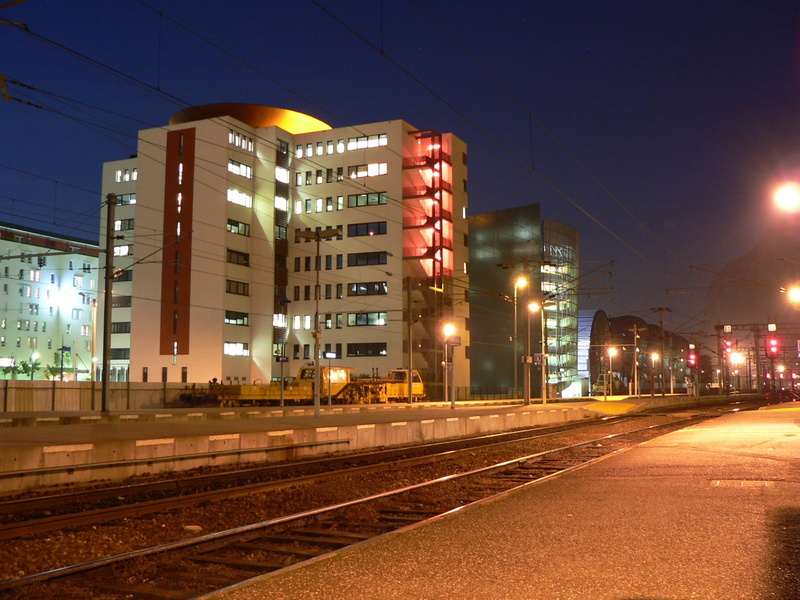 city life, sky, no people, office building exterior, railroad track, illuminated, isère, street light, light, night, train, building exterior, mode of transportation