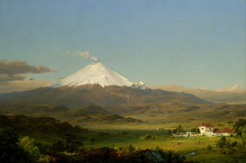volcano, house, Cotopaxi, Classic Art, artwork, mountains, Frederic Edwin Church, 4K, landscape, Snowy Peak, Ecuador, Trees, painting, nature