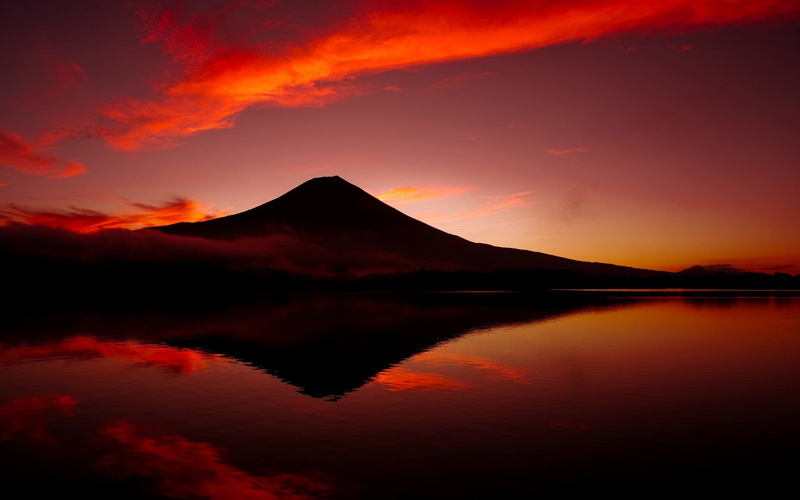 2K, reflection, Japan, Mount Fuji, clouds, lake, landscape, mountains, photography, sky, red, volcano