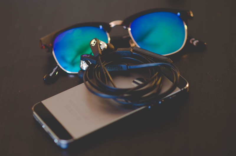 still life, sunglasses, table, top, wireless technology, no people, indoors, high angle view, phone, glass - material, earbuds, perfect, lens, sunglass