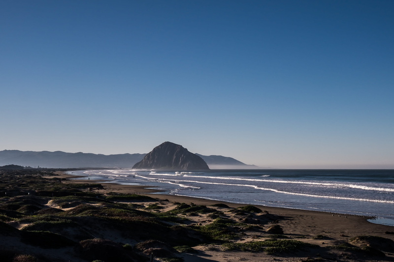 water, central california, morro rock, sand, mountains, scenics - nature, beauty in nature, morro bay, non-urban scene, coast, sky, clear sky, fuji x-t1