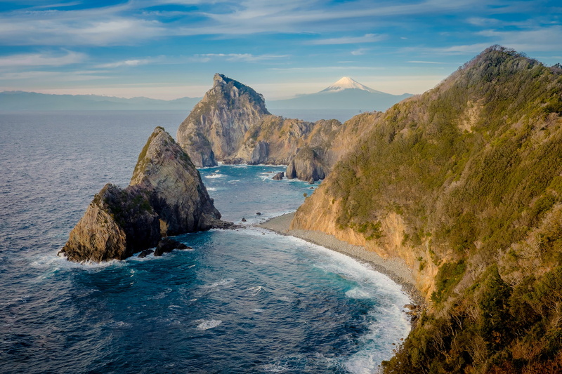 stratovolcano, shore, 1080P, green, mountain, the ocean, Fuji, rocks, Japan, Mount Fuji