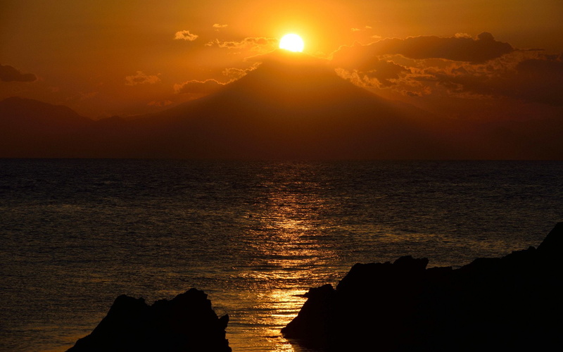 sunset, 1080P, lake, fuji, mountain, rock, sun