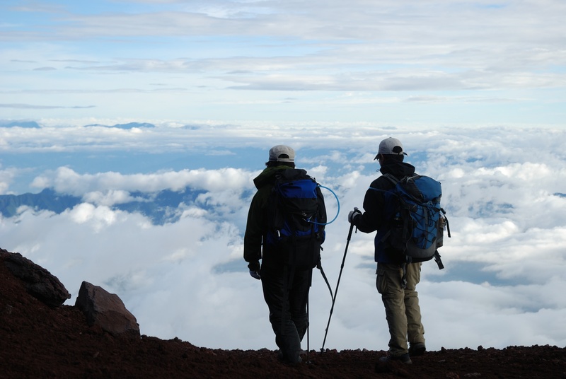 activity, men, lifestyles, hiking Pole, blue sky, mt fuji, real people, full length, fuji, backpacker, travel, japan, day, walking, hike, two people, adventure