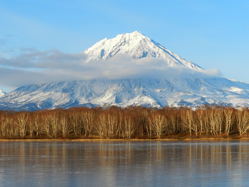 fall colors, sky, koryaksky volcano, mountain, tundra, near, scenics - nature, golden grass, snow, water, cold temperature, autumn, 1080P, tranquil scene