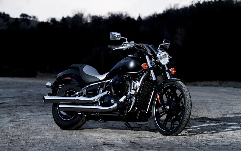 mode of transportation, Kawasaki Vulkan 900 custom, gray, road, 1080P, Moto, motorcycle, helmet, black, chrome, side view, twilight, outdoors, tree, headlight