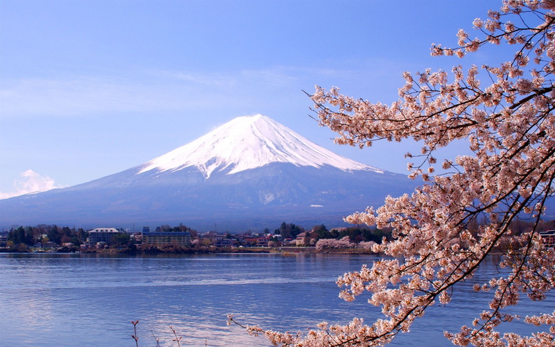 honshu, island, cherry blossom, scenics - nature, no people, mountain peak, widescreen, water, plant, tranquility, mountain, tree, beauty in nature