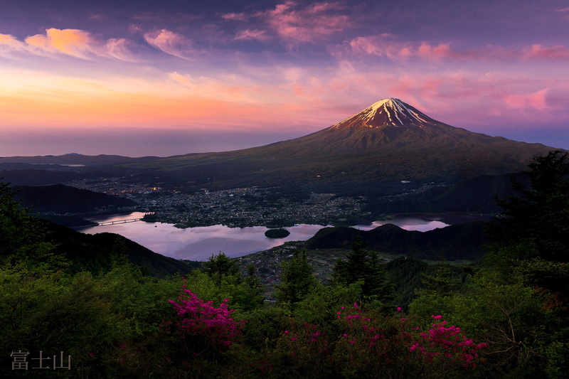 volcano, plant, tranquility, Fuji, volcanic crater, the island of Honshu, purple, mountain, sunset, Japan, Mount Fuji, tree, landscape, water, no people