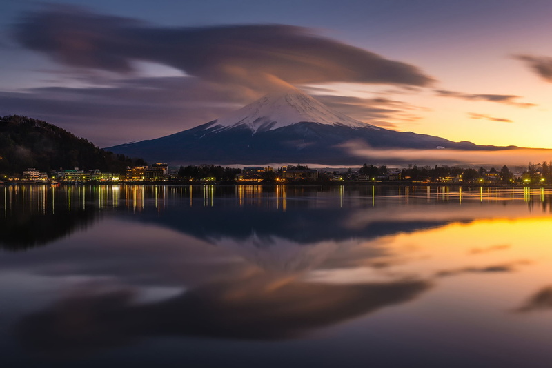 non-urban scene, tranquility, sky, the evening, idyllic, 1080P, tranquil scene, water, Japan, mountain peak, mountain, Mount Fuji, stratovolcano, no people