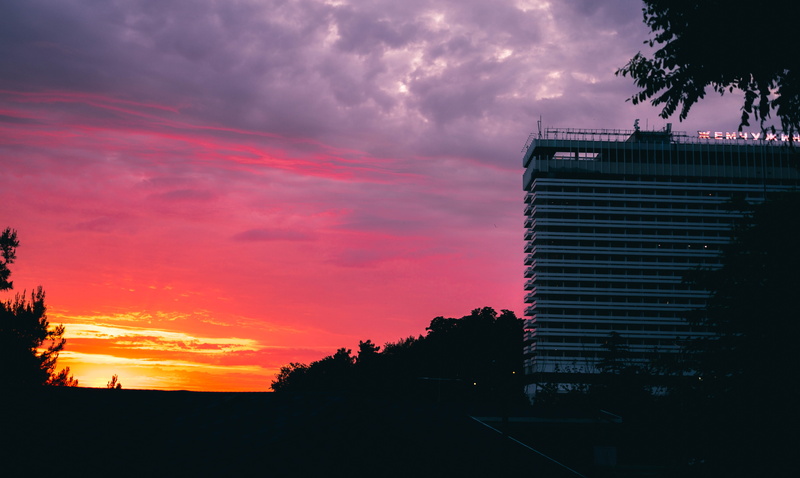 russia, sky, architecture, purple, orange color, no people, sea, plant, low angle view, building, сочи, city, beauty in nature, sochifornia, cloud - sky
