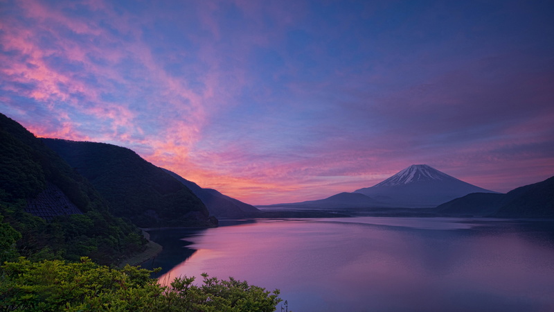 Bank, hills, lilac, the evening, mountains, Fuji, pond, the volcano, forest, the sky, Japan, landscape, 4K, the island of Honshu, leaves, mountain, sunset