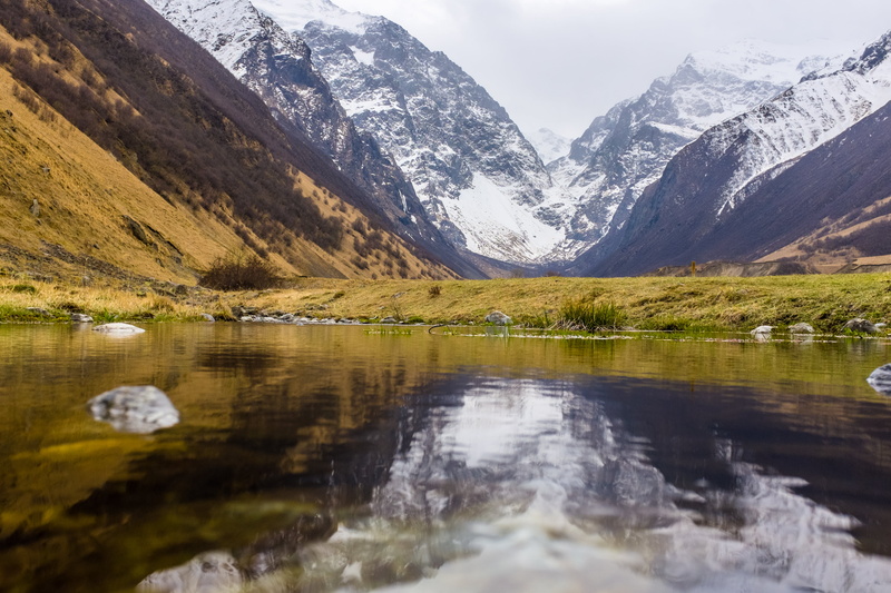 Russia, body, Россия, covered, snow, mountains, 4K, water, landscape, reflections, mountain, North  Ossetia  Alania, travel, outdoors, nature, trip, fujifilm
