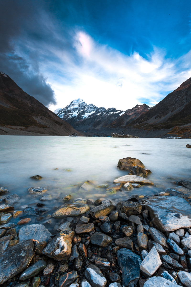 snow, Hooker, blue sky, outdoors, lake, scenics, black, body, mountain Range, mountain Peak, body of water, iceberg, water, New Zealand  South Island, Valley