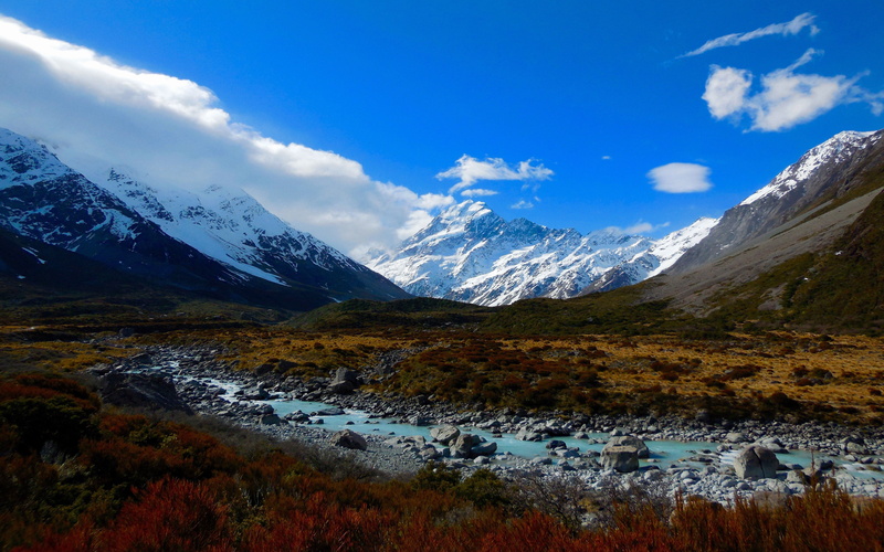 tranquility, scenics - nature, zealand, beauty in nature, snow, mountain range, flowing water, water, no people, nature, 4K, new, snowcapped mountain