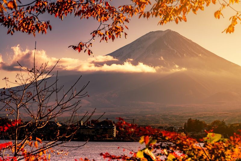 mount Fuji, the sky, Fuji Mountain, maple, landscape, leaves, red, 8K, autumn, Japan, colorful
