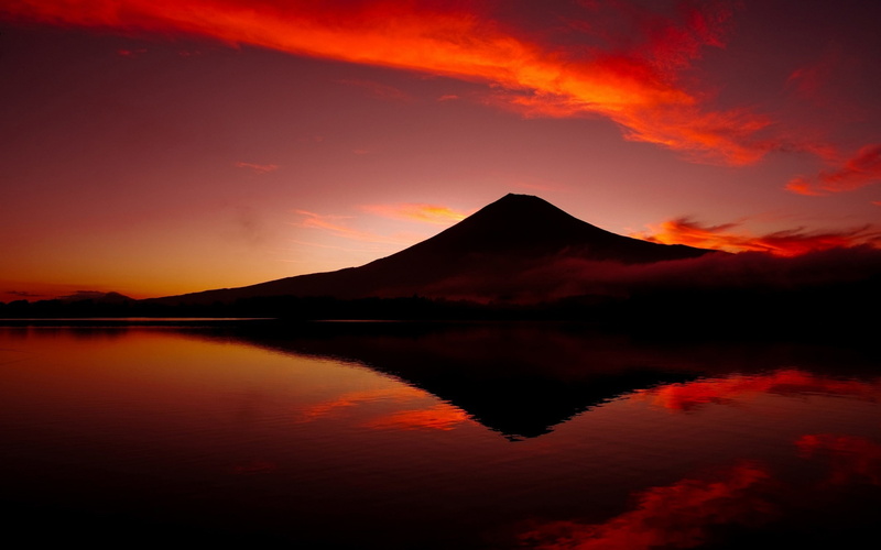 environment, Japan, landscape, sunset, dramatic sky, cloud - sky, no people, reflections, 2K, land, lake, mountain range, red, clouds, nature, volcano