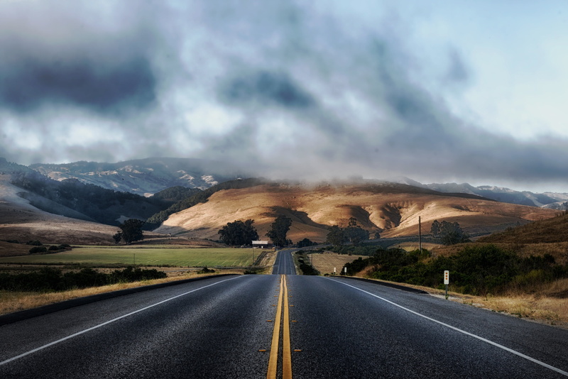california, tranquil scene, highway, diminishing perspective, road marking, clouds, direction, scenics - nature, transportation, asphalt, rural, sky, travel