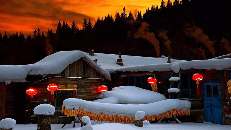 building exterior, snow village, nature, xuexiang national forest park, log cabin, christmas tree, heilongjiang, holiday, dusk, mudanjiang, beauty in nature