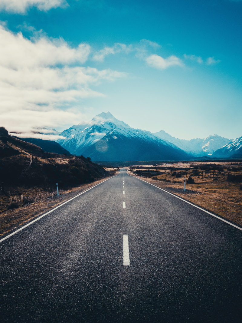 nature, beauty In Nature, mount cook, diminishing perspective, 5K, the way forward, street, sky, black, transportation, sign, vanishing point, day, environment