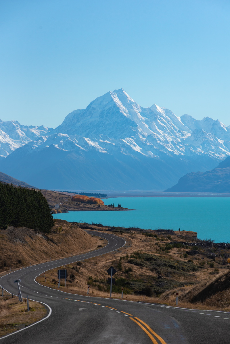 5K, no people, clear sky, water, beauty in nature, mountains, sky, new zealand, asphalt, turn, nature, outdoors, scenics - nature, day, landscape, travel