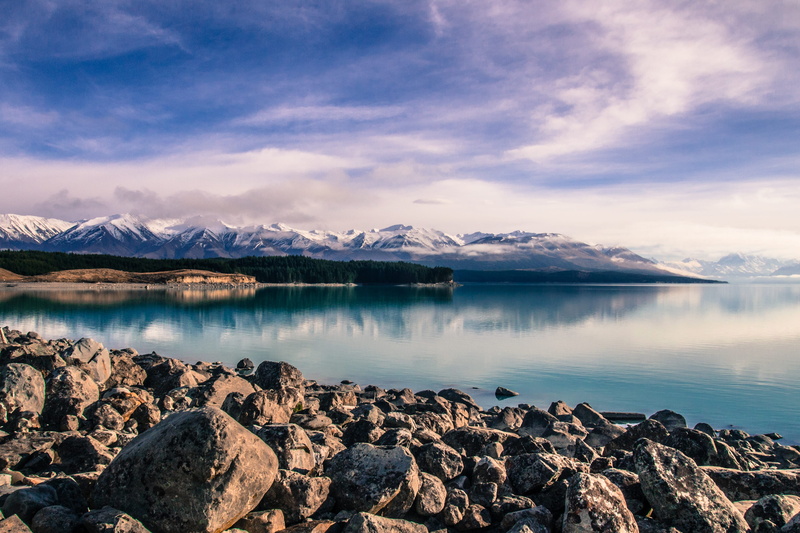 trees, new zealand, clouds, lake, solid, hiking, rocks, sky, forest, hike, nature, remote, non-urban scene, tranquility, outdoors, snowcapped mountain