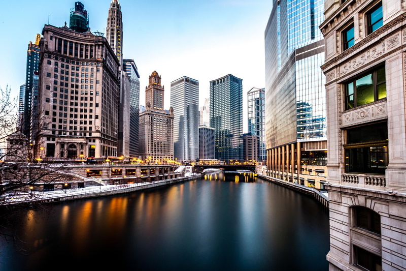 America, Buildings, winter, Chicago, 1080P, Night, river, Skyscrapers