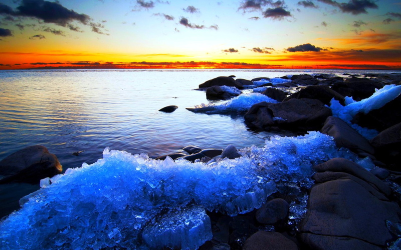 rocky, icy, beach, rocks, nature and landscapes, sunset, 1080P, landscape