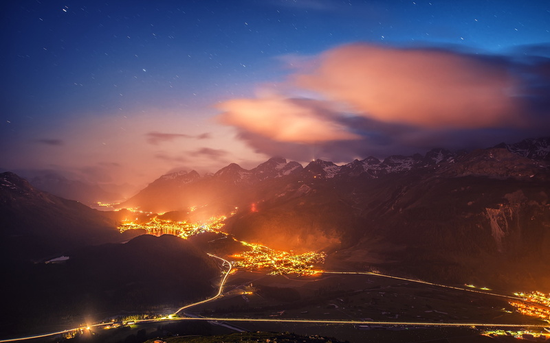 mountains, 2K, road, evening, lights, nature, valley, landscape, cityscape, Switzerland, starry night, St. Moritz, mist