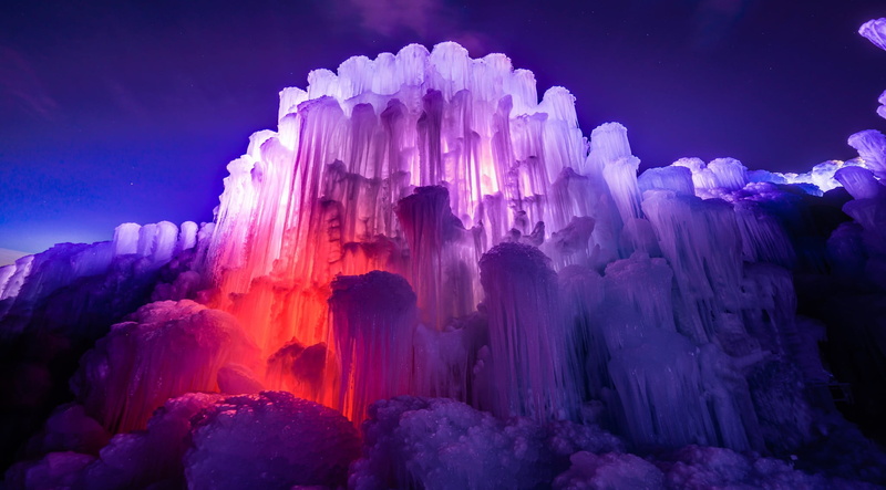 low, night, photography, purple, beauty in nature, angle, ice, motion, dusk, formation, outdoors, pink color, illuminated, sky, scenics - nature, lights