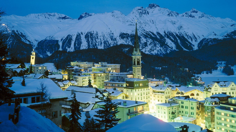 snowy, snowcapped mountain, city lights, building, city, tree, built structure, snow, alps, no people, religion, evening, 4K, nature, mountains, place of worship