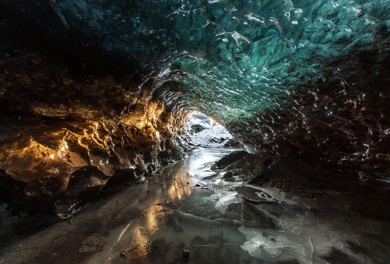ice, entrance, light, winter, cold, grotto, reflection, 1080P, cave