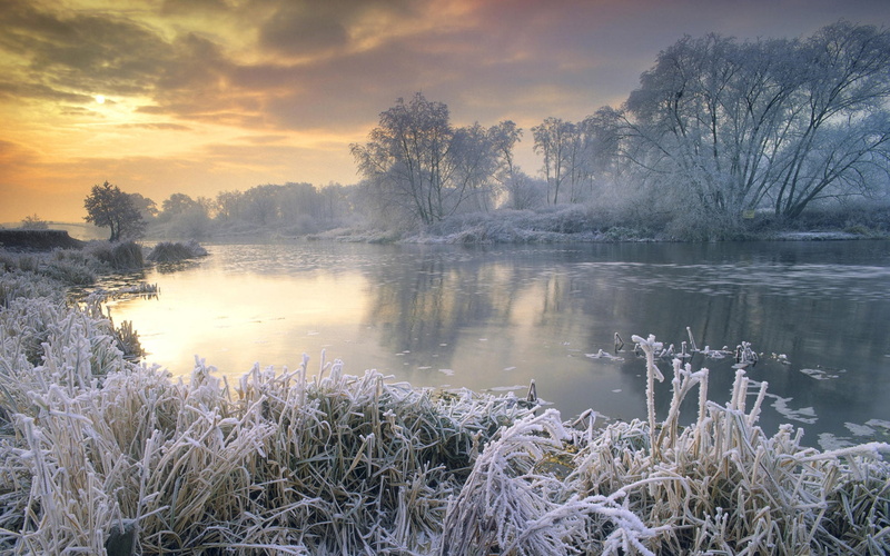 grass, cold - Temperature, water, landscape, sky, non-Urban Scene, sunset, rural Scene, cloud - Sky, scenics, snow, pond, nature, lake, winter, no People