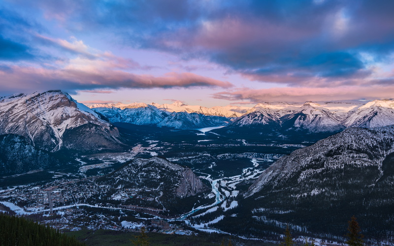 albertcanada, mountains, bowvalley, nature, purple, photography, sky, banffnationalpark, valleys, 4K, blue, valley, sulphurmountain, bow, landscape, sunset