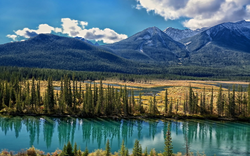 1080P, Canada, Alberta, Mountains, Clouds, Bow, Trees, River