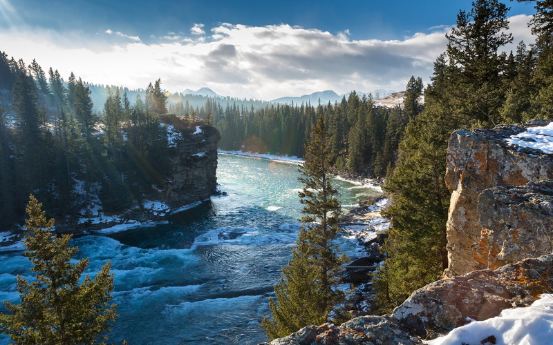 Winter, Trees, Rocks, River, Bow, Alberta, 1080P, Mountains, Canada