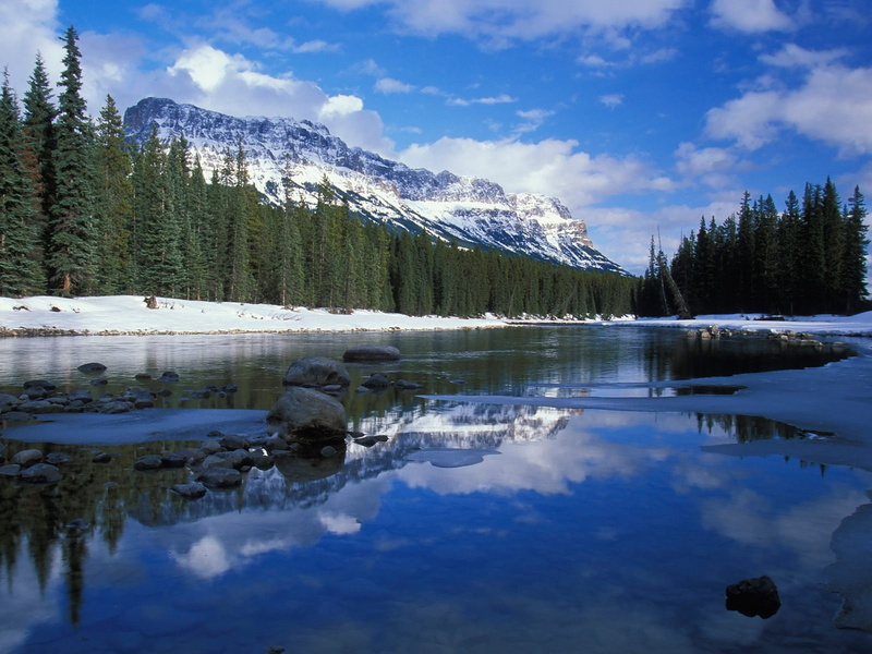 canada, bow, castle, body, water, mountain, 720P, river