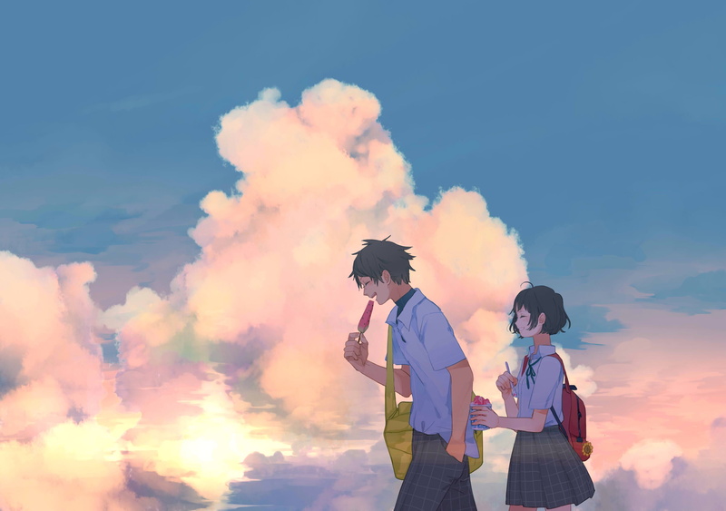 clouds, ice cream, sunrise, bag, sky, watermelons, school uniform, 2K, anime