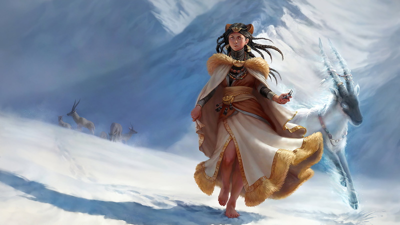 digital art, artwork, 2K, mountains, creature, daylight, winter, Shaman, magic, fantasy art, snow, women