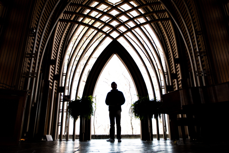 cooper, chapel, church, standing, symmetry, arch, backlit, bella vista, dark, mildred b. cooper memorial chapel, crystal bridges, corridor, rear view, men