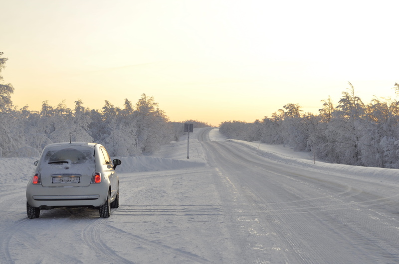 white color, road trip, car, winter, road, lapland, arctic circle, sunset, motor vehicle, kilpisjärvi, nature, the way forward, fiat 500, all white, transportation