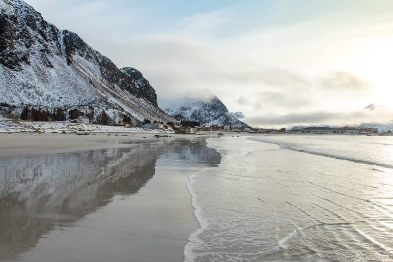 beauty in nature, lofoten islands, tranquil scene, sky, non-urban scene, water, norway, no people, tranquility, cliffs, cold temperature, land, snow, scenics - nature